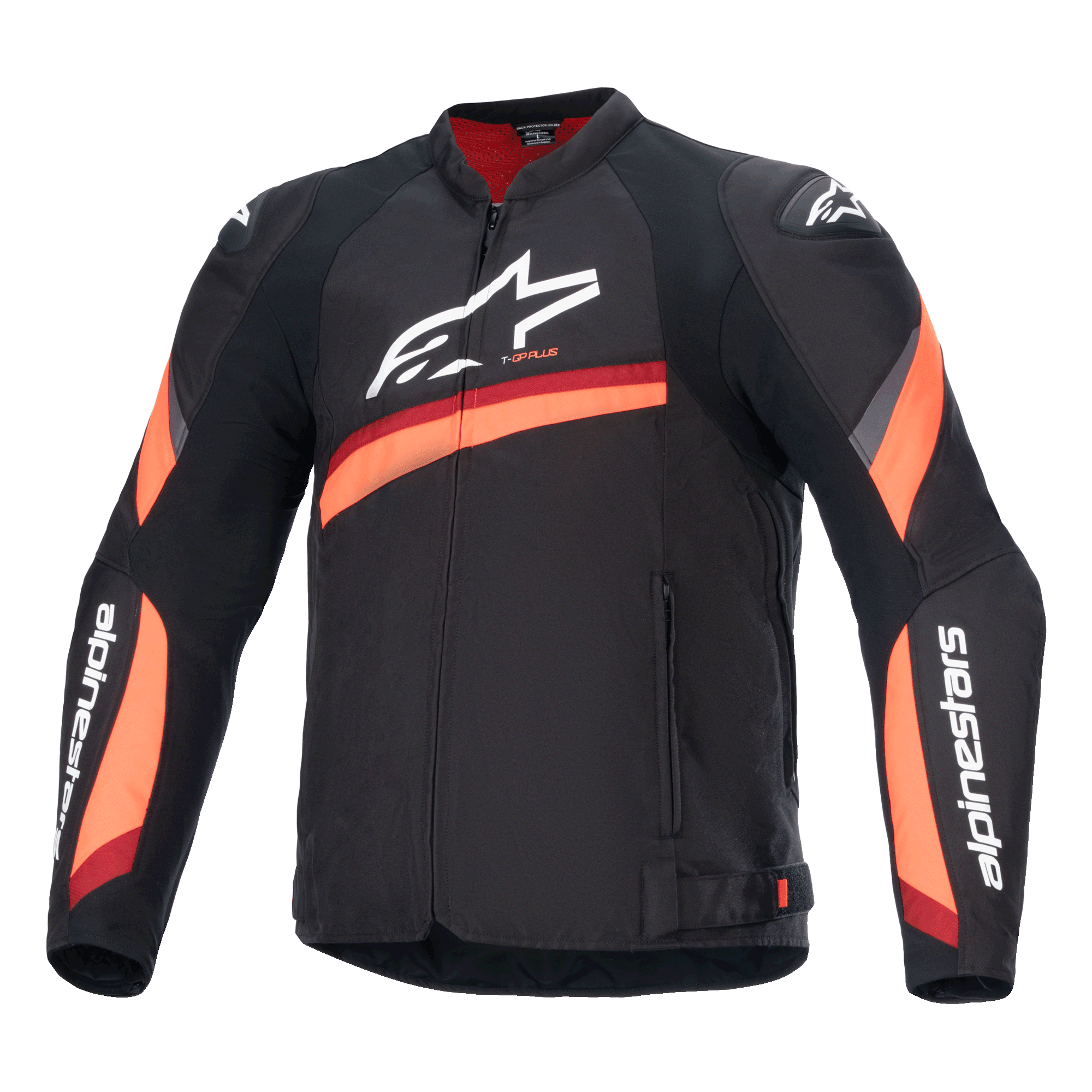 Alpinestars T-GP Plus R V4 Jacke, schwarze Motorradjacke mit roten und neon-orangefarbenen Streifen, großes weißes Logo auf der Brust, sportliches Textildesign mit rotem Kragenfutter und Ärmeln mit Markenschriftzug, Hochleistungs-Sportausrüstung