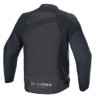 Alpinestars T-GP Plus R V4 Jacke, Textil-Motorradjacke, Schwarz, Rückansicht mit Alpinestars-Branding und „Racing Ahead“-Slogan, Sport-Passform mit DFS Lite Schulterprotektoren und strapazierfähiger Poly-Gewebe-Konstruktion