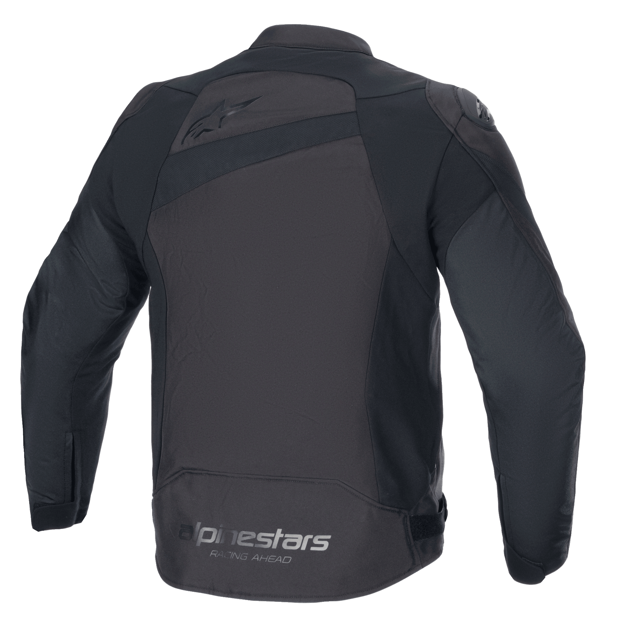 Alpinestars T-GP Plus R V4 Jacke, Textil-Motorradjacke, Schwarz, Rückansicht mit Alpinestars-Branding und „Racing Ahead“-Slogan, Sport-Passform mit DFS Lite Schulterprotektoren und strapazierfähiger Poly-Gewebe-Konstruktion