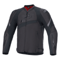 Alpinestars T-GP Plus R V4 Jacke, schwarze Textil-Motorradjacke, geprägtes Alpinestars-Brustlogo, graue reflektierende Streifen, rotes Innenfutter am Kragen, Sport-Passform mit gepolsterten Schultern und Ellbogen, Design im Rennsport-Stil