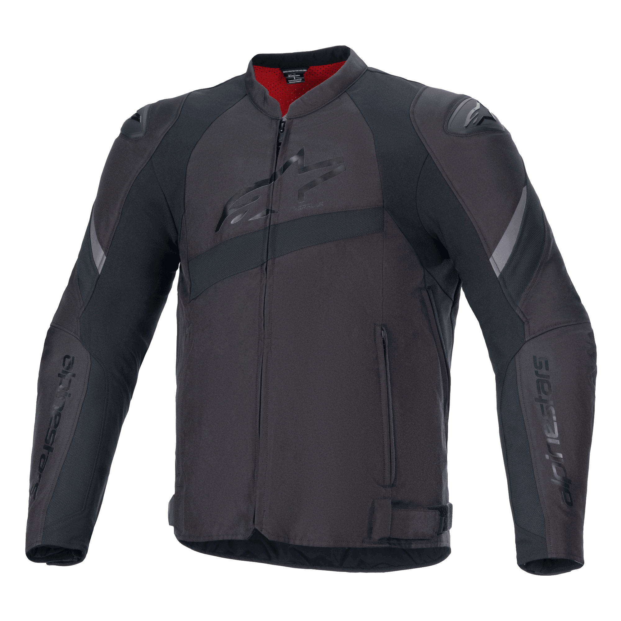 Alpinestars T-GP Plus R V4 Jacke, schwarze Textil-Motorradjacke, geprägtes Alpinestars-Brustlogo, graue reflektierende Streifen, rotes Innenfutter am Kragen, Sport-Passform mit gepolsterten Schultern und Ellbogen, Design im Rennsport-Stil