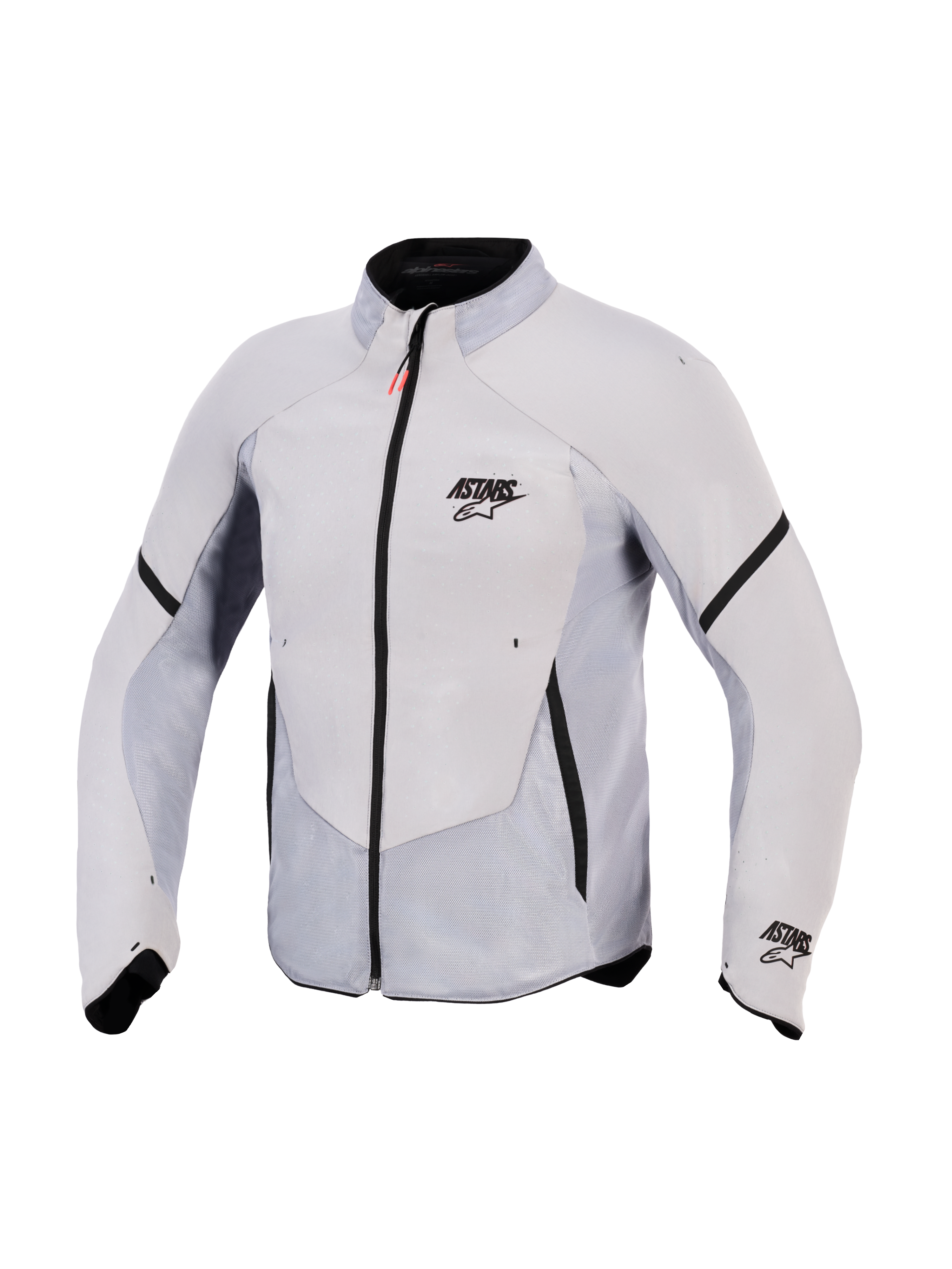 Alpinestars Aeroshell Airflow Jacket, Motorcycle Jacket, Mid Gray Anthracite, features lightweight stretch softshell with extensive laser-perforated mesh panels, black front zipper with red pull tab, ASTARS branding on the chest and sleeve, sport-fit design for maximum breathability.