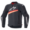 Alpinestars T-GP Plus R V4 Airflow Jacket, Black and Red Fluo textile motorcycle racing jacket, featuring large mesh ventilation panels, white branding on the chest and sleeves, adjustable waist straps, and sporty design.
