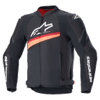 Alpinestars T-GP Plus R V4 Airflow Jacket, Black and Red Fluo textile motorcycle racing jacket, featuring large mesh ventilation panels, white branding on the chest and sleeves, adjustable waist straps, and sporty design.