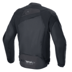 Alpinestars T-GP Plus R V4 Airflow Jacke, Schwarz/Schwarz, Rückansicht, mit großem Mesh-Panel für maximalen Luftstrom, perforiertem oberem Rücken, dezentem geprägtem Logo und Alpinestars Racing Ahead Schriftzug auf dem unteren Rücken, Textil-Motorradjacke in Sportpassform