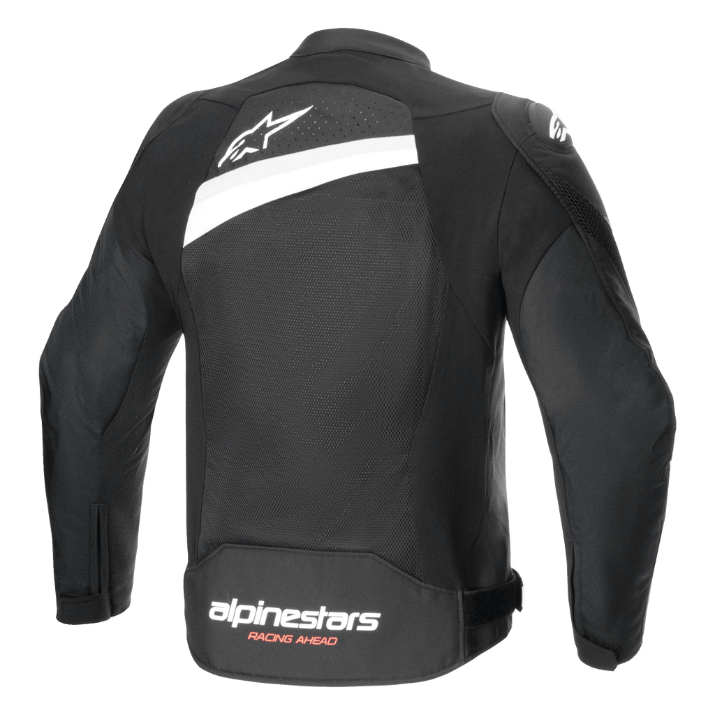 Alpinestars T-GP Plus R V4 Airflow Jacke, Textil-Motorradjacke, Schwarz und Weiß, Rückansicht mit großflächigem Mesh-Einsatz, weißes Stern-Logo am oberen Rücken und Alpinestars Racing Ahead Branding am unteren Rücken, Sport-Passform für Belüftung