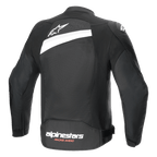 Alpinestars T-GP Plus R V4 Airflow Jacke, Textil-Motorradjacke, Schwarz und Weiß, Rückansicht mit großflächigem Mesh-Einsatz, weißes Stern-Logo am oberen Rücken und Alpinestars Racing Ahead Branding am unteren Rücken, Sport-Passform für Belüftung