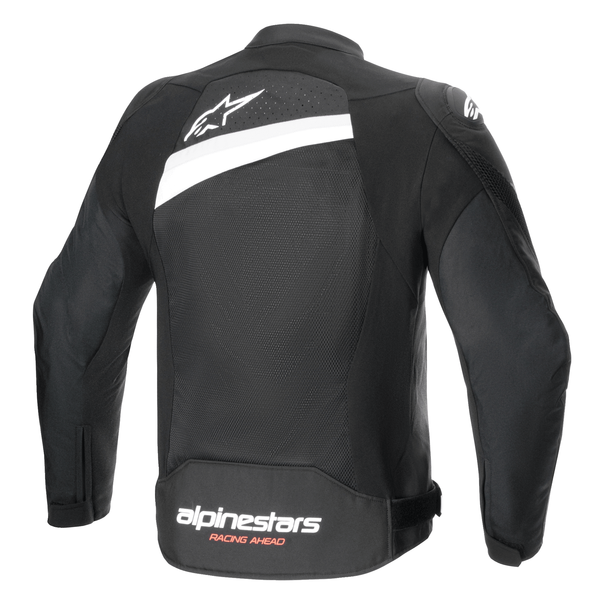 Alpinestars T-GP Plus R V4 Airflow Jacke, Textil-Motorradjacke, Schwarz und Weiß, Rückansicht mit großflächigem Mesh-Einsatz, weißes Stern-Logo am oberen Rücken und Alpinestars Racing Ahead Branding am unteren Rücken, Sport-Passform für Belüftung