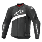 Alpinestars T-GP Plus R V4 Airflow Jacke, Textil-Motorradrennjacke, Schwarz und Weiß, mit großem weißem Astar-Logo auf der Brust, perforierten Mesh-Einsätzen zur Belüftung, rotem Innenfutter und DFS Lite Schulterprotektoren