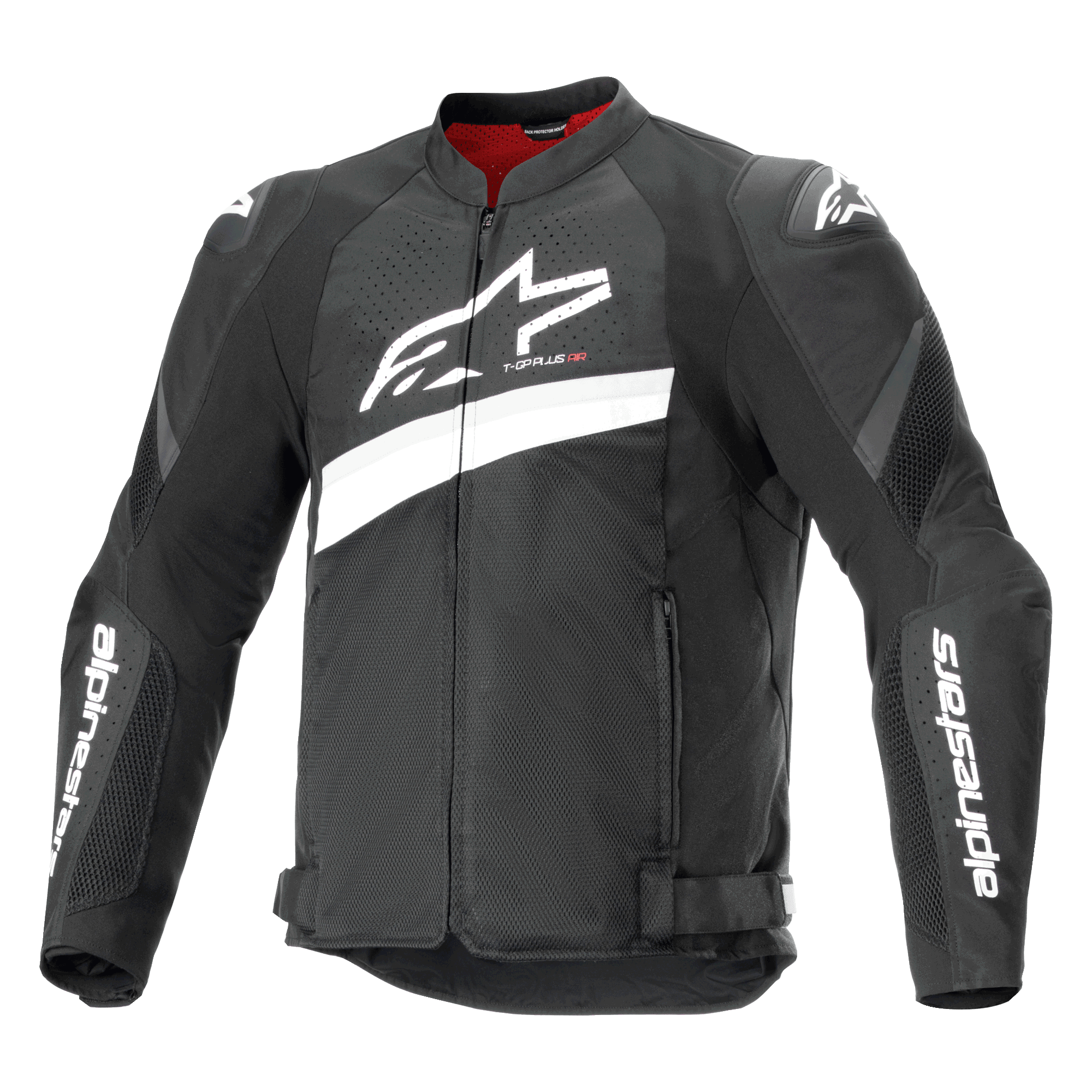 Alpinestars T-GP Plus R V4 Airflow Jacke, Textil-Motorradrennjacke, Schwarz und Weiß, mit großem weißem Astar-Logo auf der Brust, perforierten Mesh-Einsätzen zur Belüftung, rotem Innenfutter und DFS Lite Schulterprotektoren