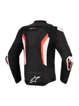Alpinestars T-GP Air Jacket, Rear View, Black with Red Fluo and White accents, featuring an aerodynamic hump, technical mesh panels for airflow, "T-GP AIR" branding on the upper back, white and red DFS sliders on shoulders and elbows, Alpinestars logo on the lower back, sport-cut performance motorcycle jacket