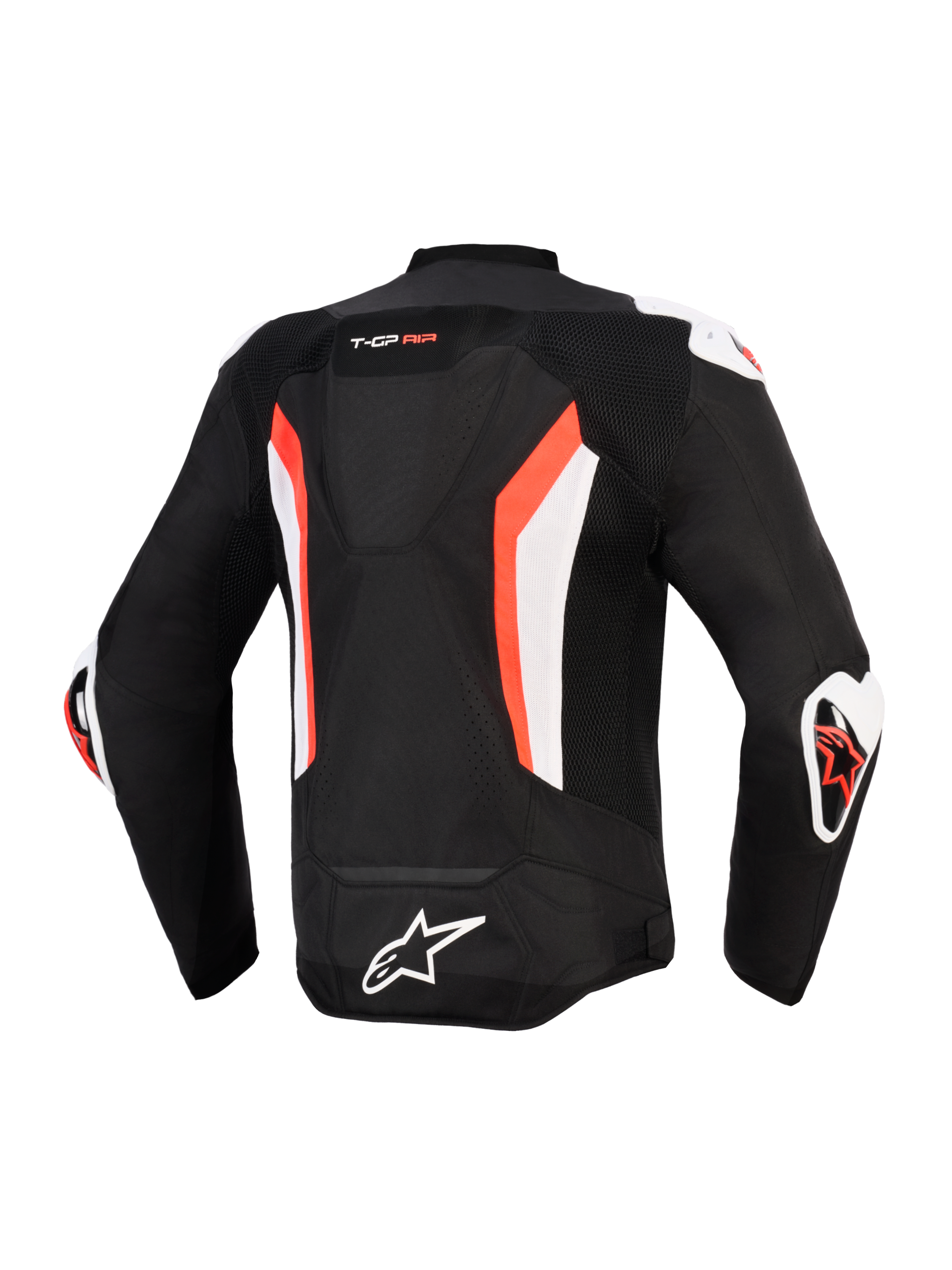 Alpinestars T-GP Air Jacket, Rear View, Black with Red Fluo and White accents, featuring an aerodynamic hump, technical mesh panels for airflow, "T-GP AIR" branding on the upper back, white and red DFS sliders on shoulders and elbows, Alpinestars logo on the lower back, sport-cut performance motorcycle jacket