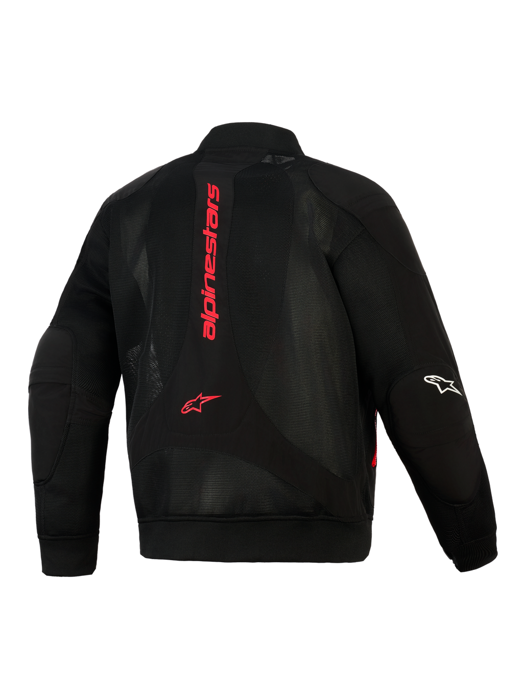 Alpinestars Flight Air Jacke, Schwarz und leuchtendes Rot, Rückansicht mit 3D-Mesh-Konstruktion, vertikales rotes Alpinestars-Logo auf dem Rücken, Bomber-Silhouette mit geripptem Bund und Ärmelbündchen, weißes Logo am Ärmel