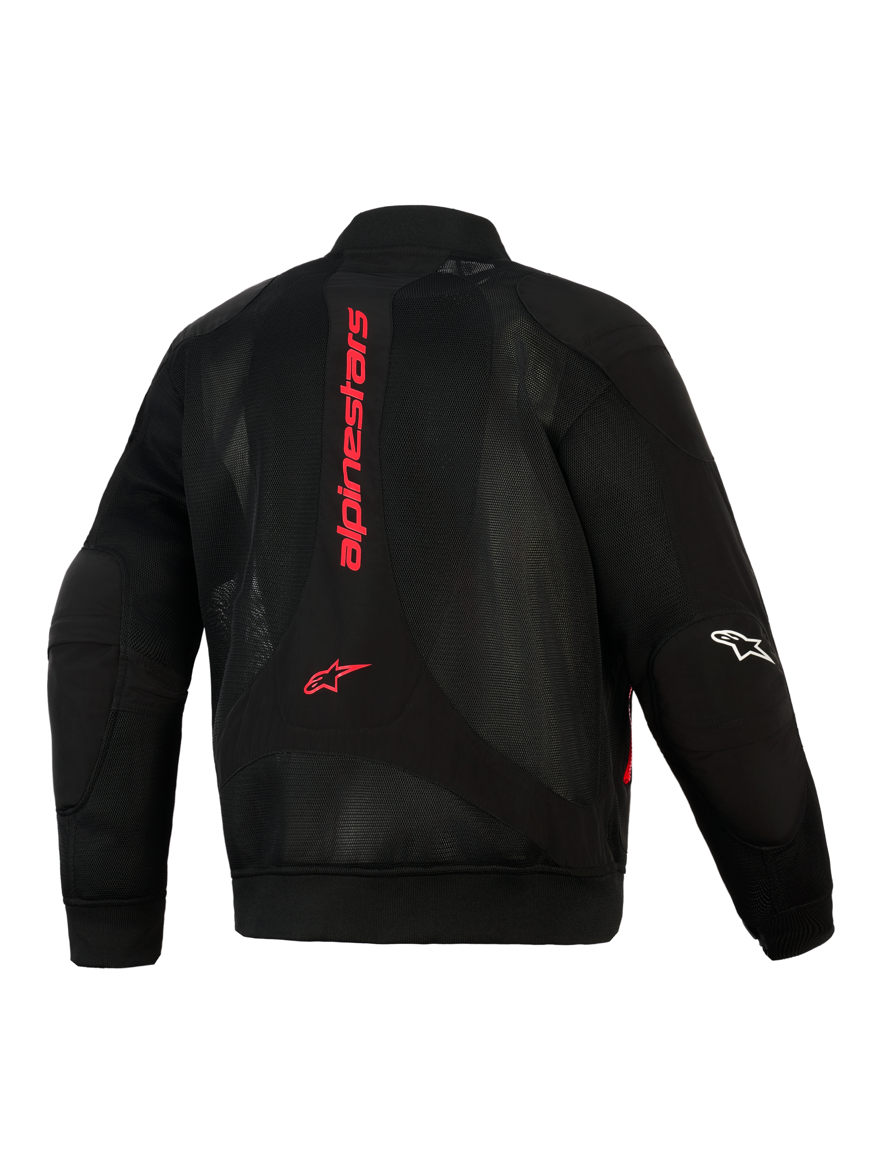 Alpinestars Flight Air Jacke, Schwarz und leuchtendes Rot, Rückansicht mit 3D-Mesh-Konstruktion, vertikales rotes Alpinestars-Logo auf dem Rücken, Bomber-Silhouette mit geripptem Bund und Ärmelbündchen, weißes Logo am Ärmel