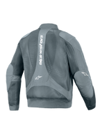 Alpinestars Flight Air Jacket, Urban Motorcycle Jacket, Storm Gray, back view featuring a large vertical white Alpinestars logo, extensive 3D mesh panels for airflow, and bomber-style ribbed waist and cuffs