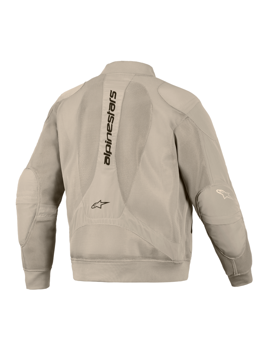 Alpinestars Flight Air Jacket in Aluminum, back view, featuring extensive 3D mesh panels for ventilation, vertical Alpinestars wordmark on the spine, ribbed cuffs and hem, and a modern bomber-style silhouette for urban motorcycle riding.