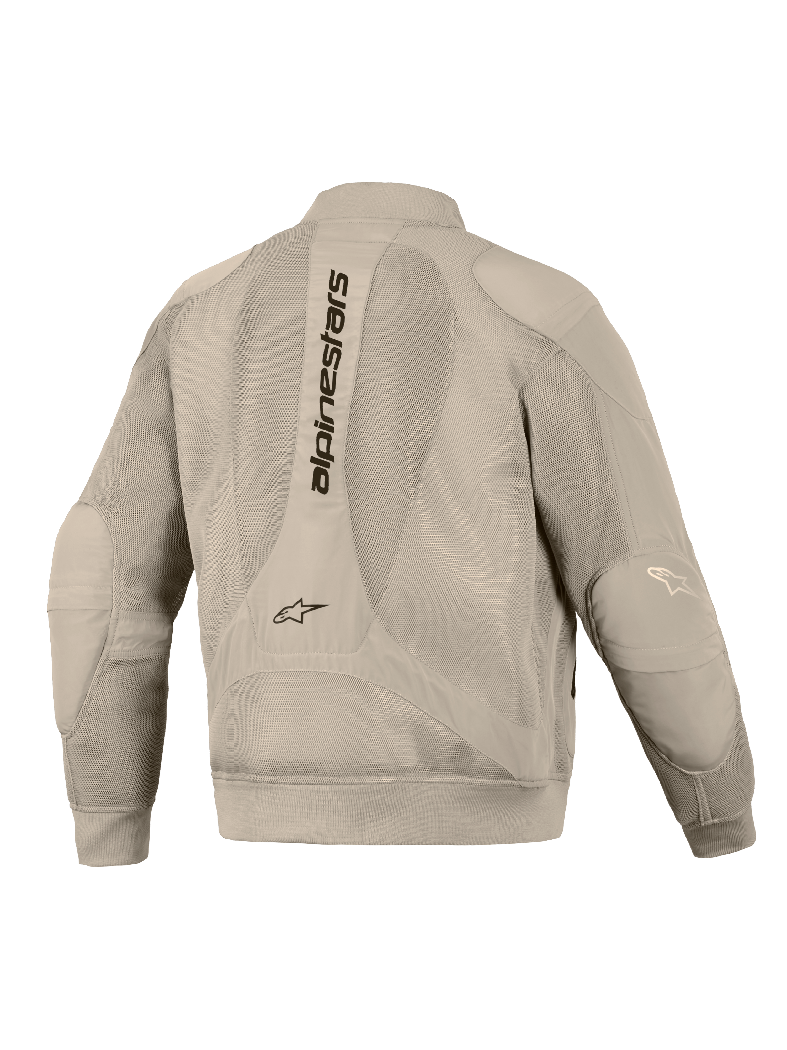 Alpinestars Flight Air Jacket in Aluminum, back view, featuring extensive 3D mesh panels for ventilation, vertical Alpinestars wordmark on the spine, ribbed cuffs and hem, and a modern bomber-style silhouette for urban motorcycle riding.