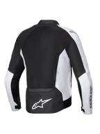 Alpinestars Viper Air V4 Jacke, Motorradjacke, Schwarz und Weiß, Rückansicht mit großen Tech-Mesh-Einsätzen für Luftzirkulation, weißen perforierten Seitenpanels, markantem weißem Astar-Logo auf dem unteren Rücken und Textilkonstruktion für Fahrten bei warmem Wetter.