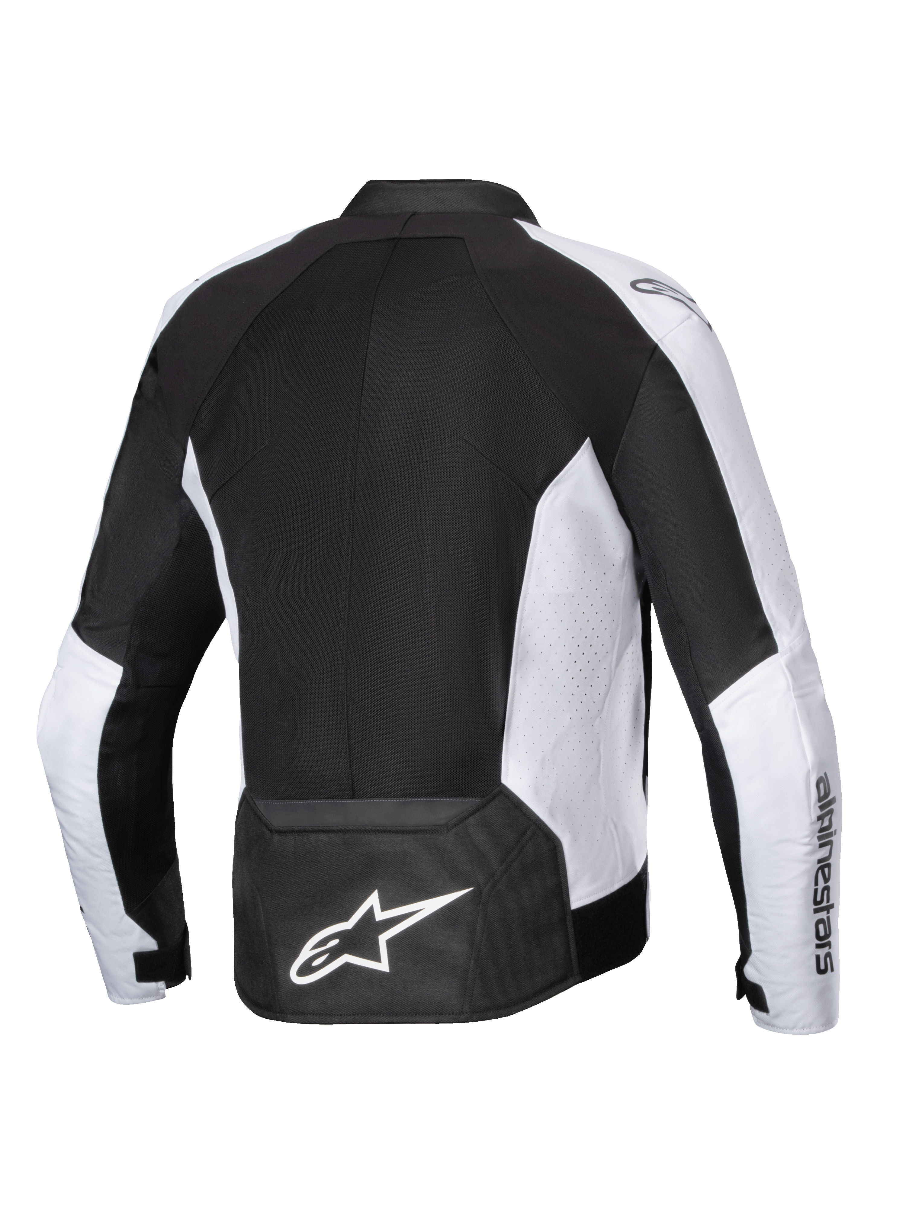 Alpinestars Viper Air V4 Jacke, Motorradjacke, Schwarz und Weiß, Rückansicht mit großen Tech-Mesh-Einsätzen für Luftzirkulation, weißen perforierten Seitenpanels, markantem weißem Astar-Logo auf dem unteren Rücken und Textilkonstruktion für Fahrten bei warmem Wetter.