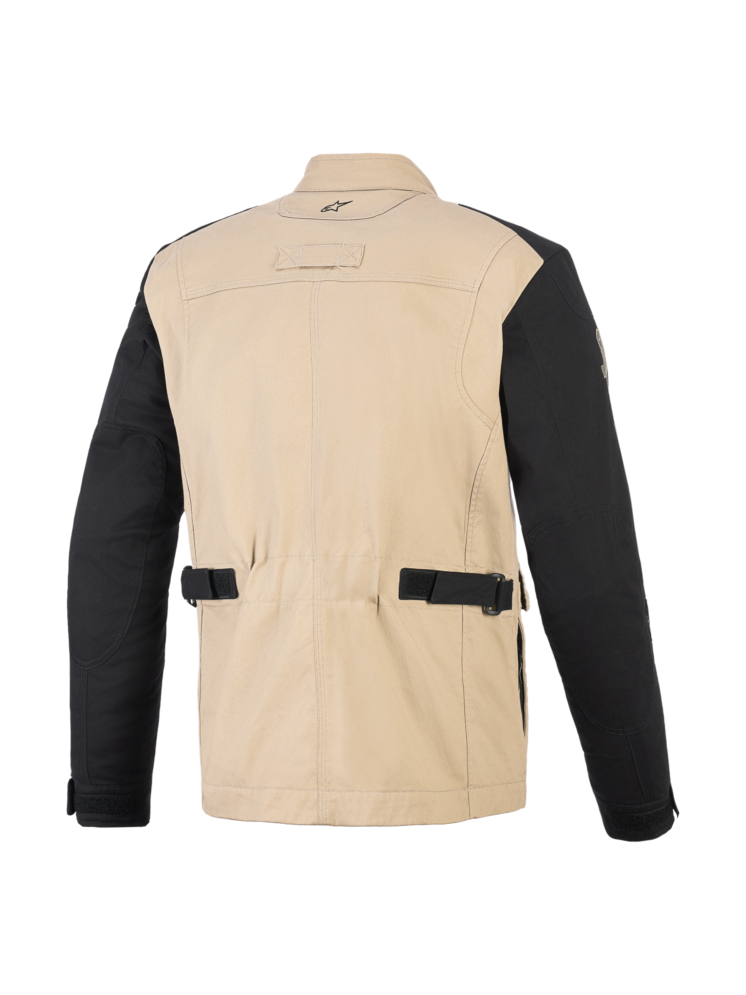 Alpinestars Dice Jacket, Urban Motorcycle Jacket, Aluminum Black, rear view showing tan polycotton body and black sleeves, featuring waist adjustment straps, pleated shoulder panels, and workwear-inspired design