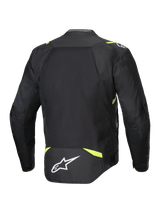 Alpinestars T-SPS Air V2 Jacket, Textile Motorcycle Jacket, Black and Yellow Fluo, rear view featuring large mesh panels for airflow, fluorescent yellow accents on shoulders and waist, white Alpinestars logo on lower back
