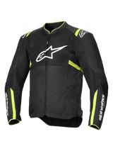 Alpinestars T-Sps Air V2 Jacket, Motorcycle Jacket, Black and Yellow Fluo, featuring large white chest logo, mesh panels for ventilation, fluorescent yellow accents on shoulders and sleeves, sporty textile design