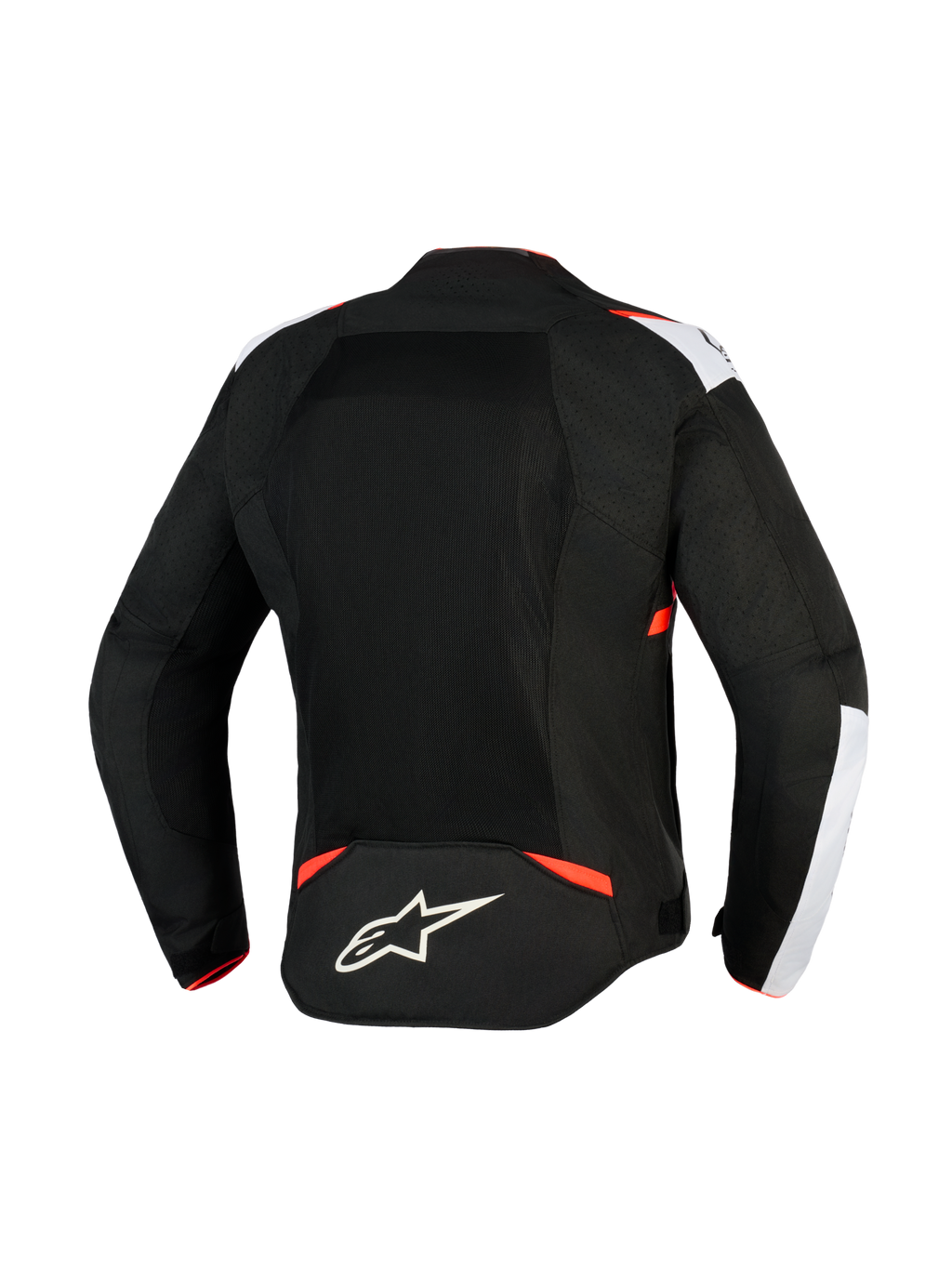 Alpinestars T-Sps Air V2 Jacke, Textil-Motorradjacke, Schwarz, Weiß und Rot Fluo, Rückansicht mit großen Mesh-Einsätzen für Belüftung, weiße Schulterakzente, Alpinestars Stern-Logo am unteren Rücken, urbanes Sport-Design.
