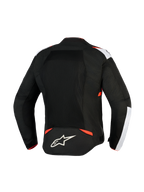 Alpinestars T-Sps Air V2 Jacke, Textil-Motorradjacke, Schwarz, Weiß und Rot Fluo, Rückansicht mit großen Mesh-Einsätzen für Belüftung, weiße Schulterakzente, Alpinestars Stern-Logo am unteren Rücken, urbanes Sport-Design.