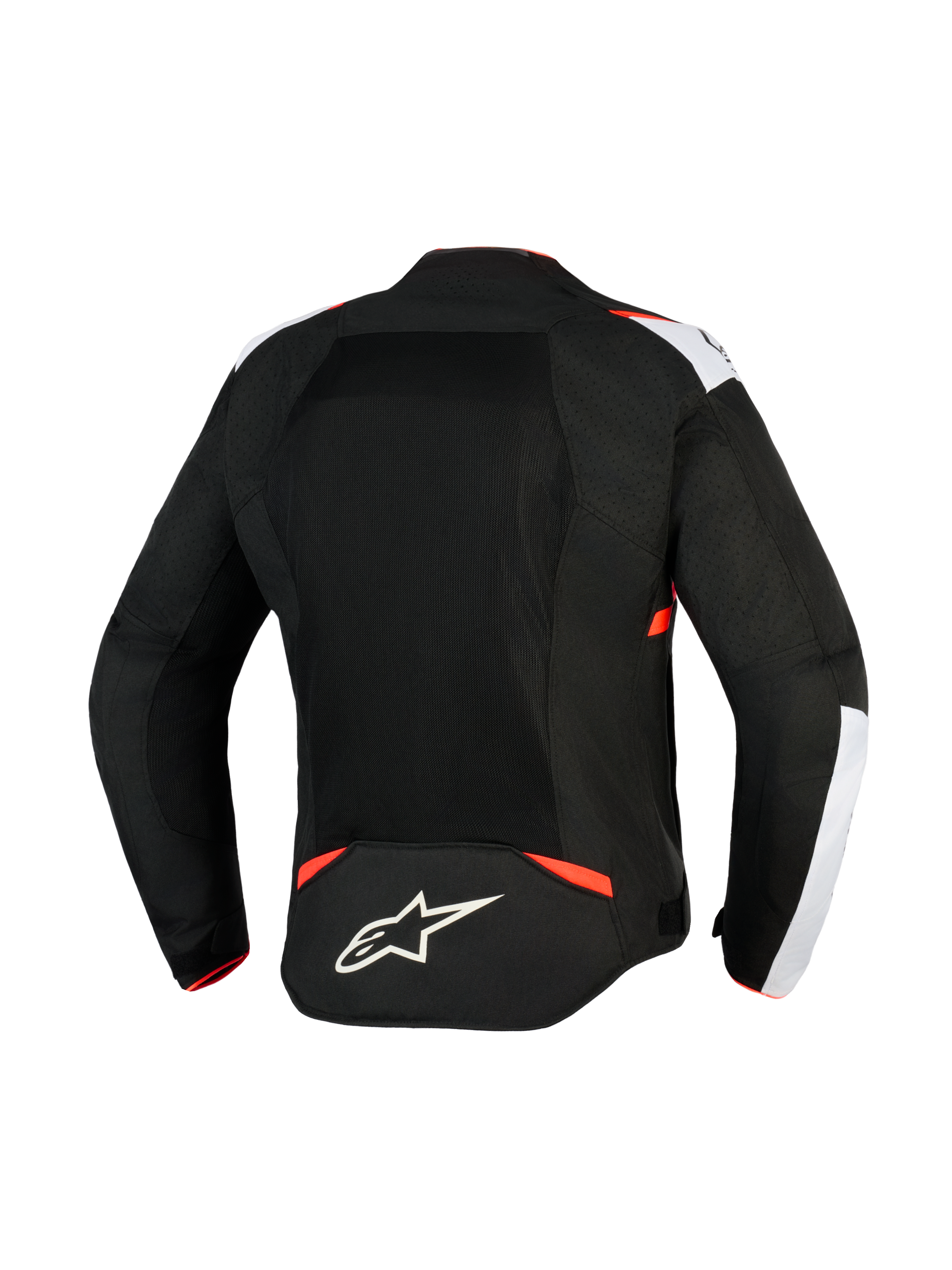 Alpinestars T-Sps Air V2 Jacke, Textil-Motorradjacke, Schwarz, Weiß und Rot Fluo, Rückansicht mit großen Mesh-Einsätzen für Belüftung, weiße Schulterakzente, Alpinestars Stern-Logo am unteren Rücken, urbanes Sport-Design.