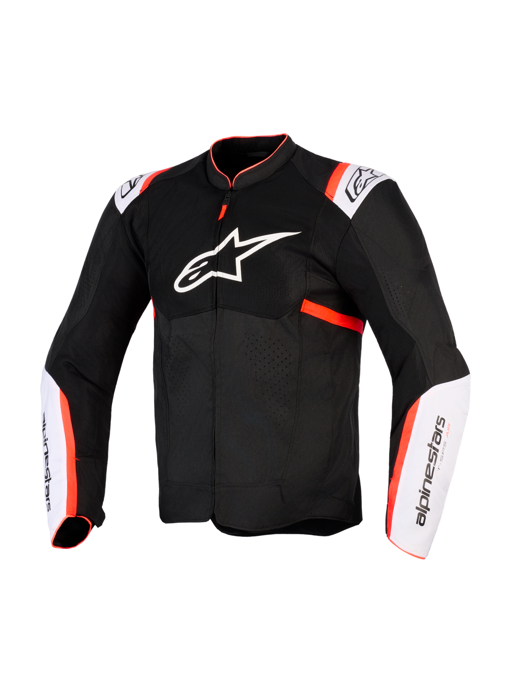 Alpinestars T-Sps Air V2 Jacke, Motorradjacke, Schwarz, Weiß und Fluo-Rot, Vorderansicht mit großem weißen Stern-Logo auf der Brust, Mesh-Einsätze, weiße Ärmel-Panele mit fluo-roten Akzenten, technische Textilkonstruktion für sommerliche Fahrten