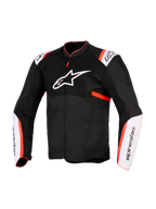 Alpinestars T-Sps Air V2 Jacke, Motorradjacke, Schwarz, Weiß und Fluo-Rot, Vorderansicht mit großem weißen Stern-Logo auf der Brust, Mesh-Einsätze, weiße Ärmel-Panele mit fluo-roten Akzenten, technische Textilkonstruktion für sommerliche Fahrten