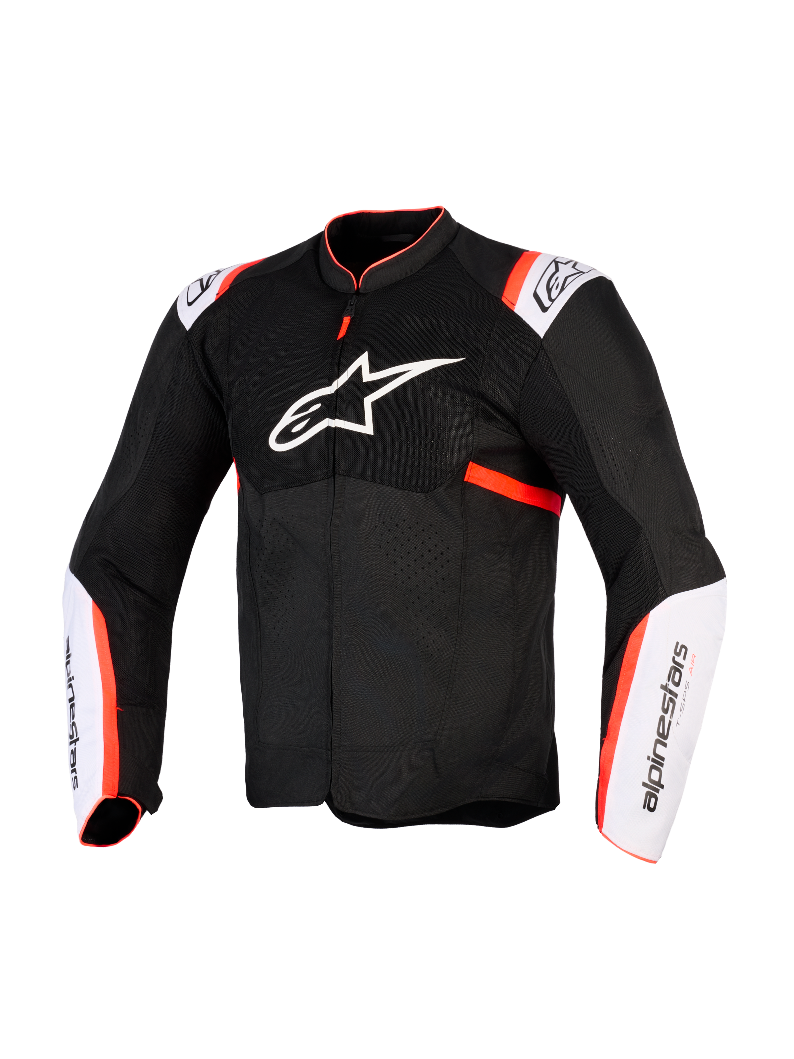 Alpinestars T-Sps Air V2 Jacke, Motorradjacke, Schwarz, Weiß und Fluo-Rot, Vorderansicht mit großem weißen Stern-Logo auf der Brust, Mesh-Einsätze, weiße Ärmel-Panele mit fluo-roten Akzenten, technische Textilkonstruktion für sommerliche Fahrten