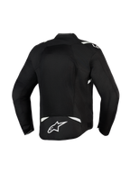 Alpinestars T-Sps Air V2 Jacke, Schwarz und Weiß, Rückansicht mit großem Mesh-Panel für maximalen Luftstrom, strapazierfähige 600D Polygewebe-Konstruktion mit weißen Akzenten und Stern-Logo auf dem unteren Rücken, Textil-Motorradjacke für Fahrten in der Stadt