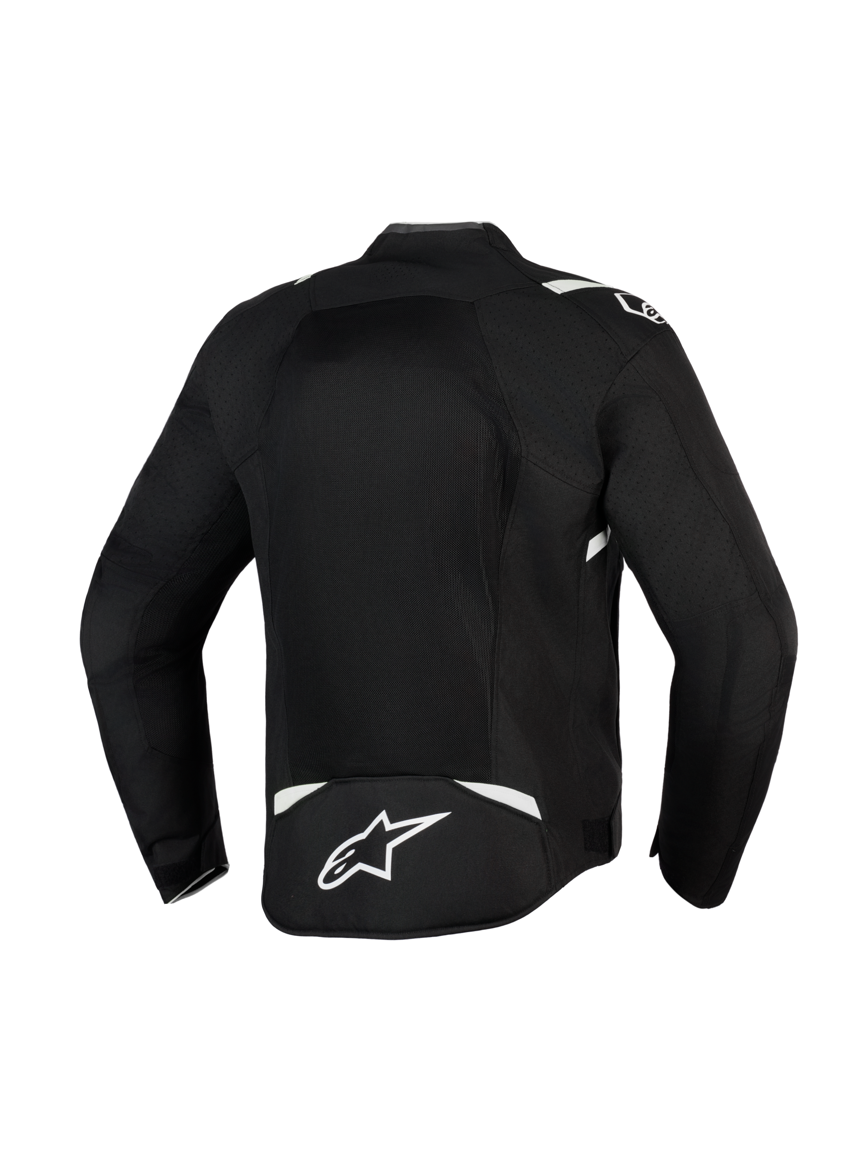 Alpinestars T-Sps Air V2 Jacke, Schwarz und Weiß, Rückansicht mit großem Mesh-Panel für maximalen Luftstrom, strapazierfähige 600D Polygewebe-Konstruktion mit weißen Akzenten und Stern-Logo auf dem unteren Rücken, Textil-Motorradjacke für Fahrten in der Stadt