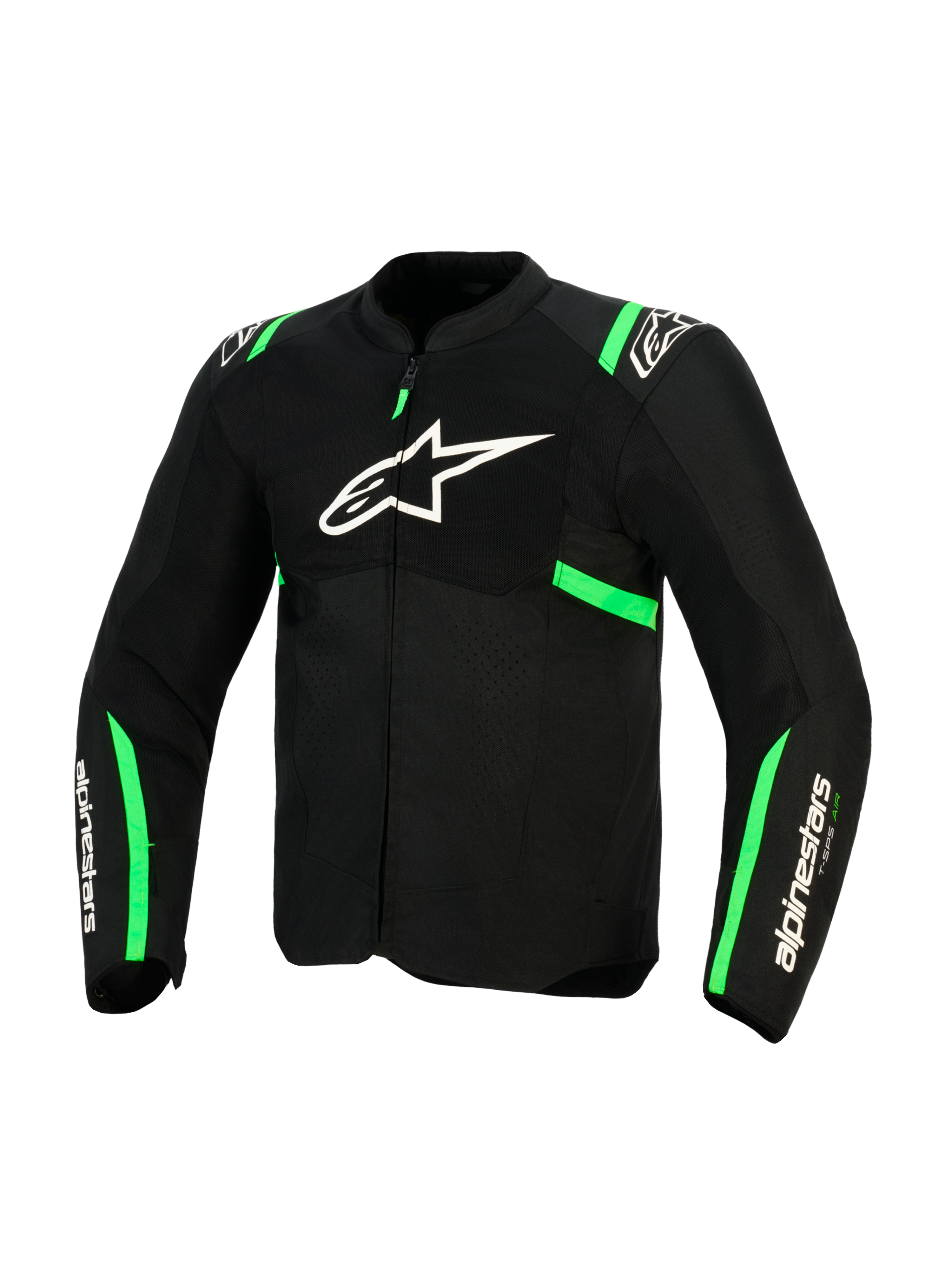 Alpinestars T-SPS Air V2 Jacket, Black and Fluo Green, front view featuring white Alpinestars logo on chest, tech mesh panels for ventilation, and green accents on shoulders and sleeves, sport motorcycle riding gear