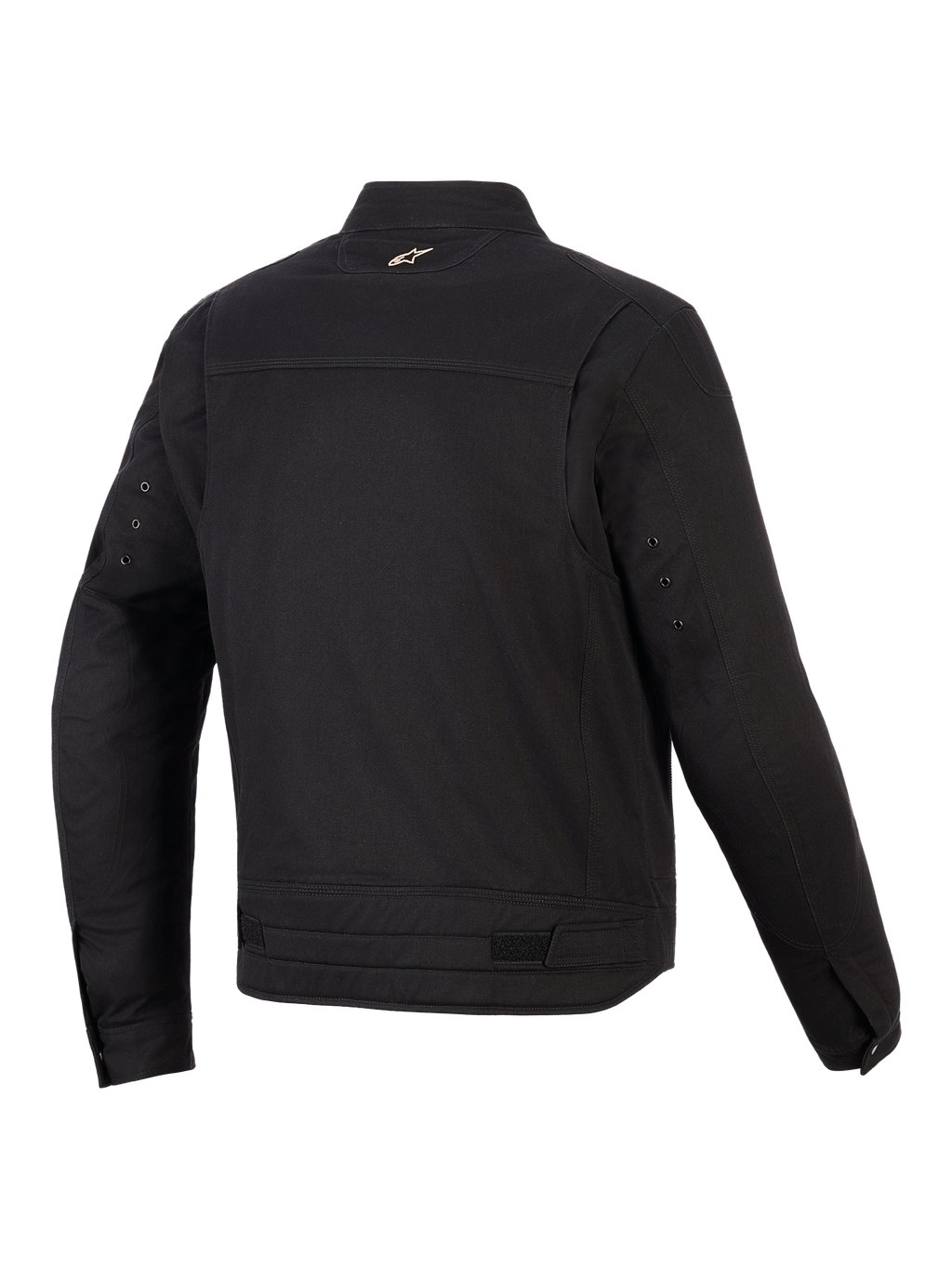 Alpinestars Bruiser Jacke, Urbane Motorradjacke, Schwarz, Rückansicht mit artikulierten Schulterpanels, Taillenverstellern und kleinem gesticktem Logo am Kragen, robustes, von Workwear inspiriertes Textildesign