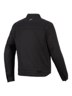 Alpinestars Bruiser Jacke, Urbane Motorradjacke, Schwarz, Rückansicht mit artikulierten Schulterpanels, Taillenverstellern und kleinem gesticktem Logo am Kragen, robustes, von Workwear inspiriertes Textildesign