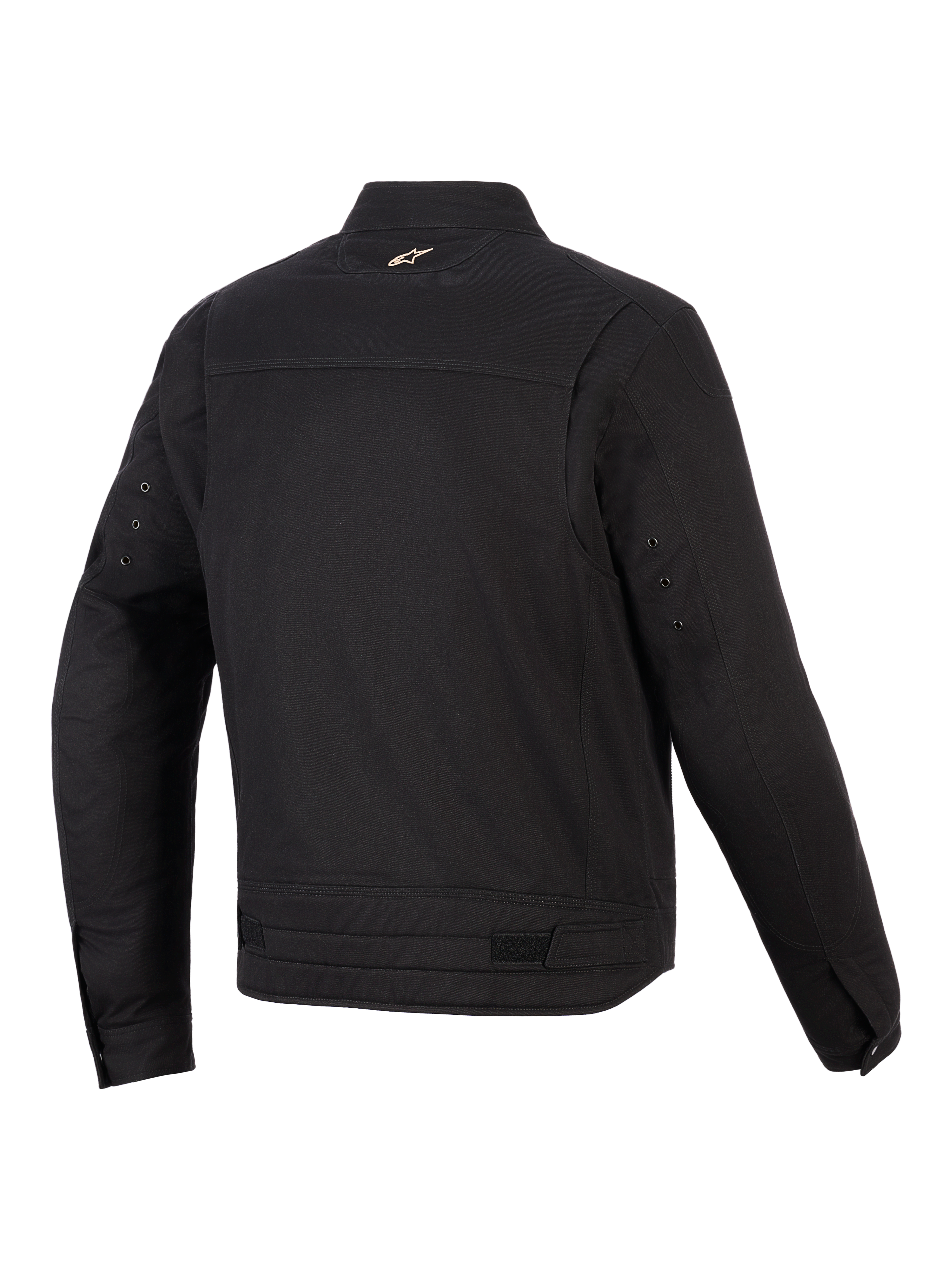 Alpinestars Bruiser Jacke, Urbane Motorradjacke, Schwarz, Rückansicht mit artikulierten Schulterpanels, Taillenverstellern und kleinem gesticktem Logo am Kragen, robustes, von Workwear inspiriertes Textildesign