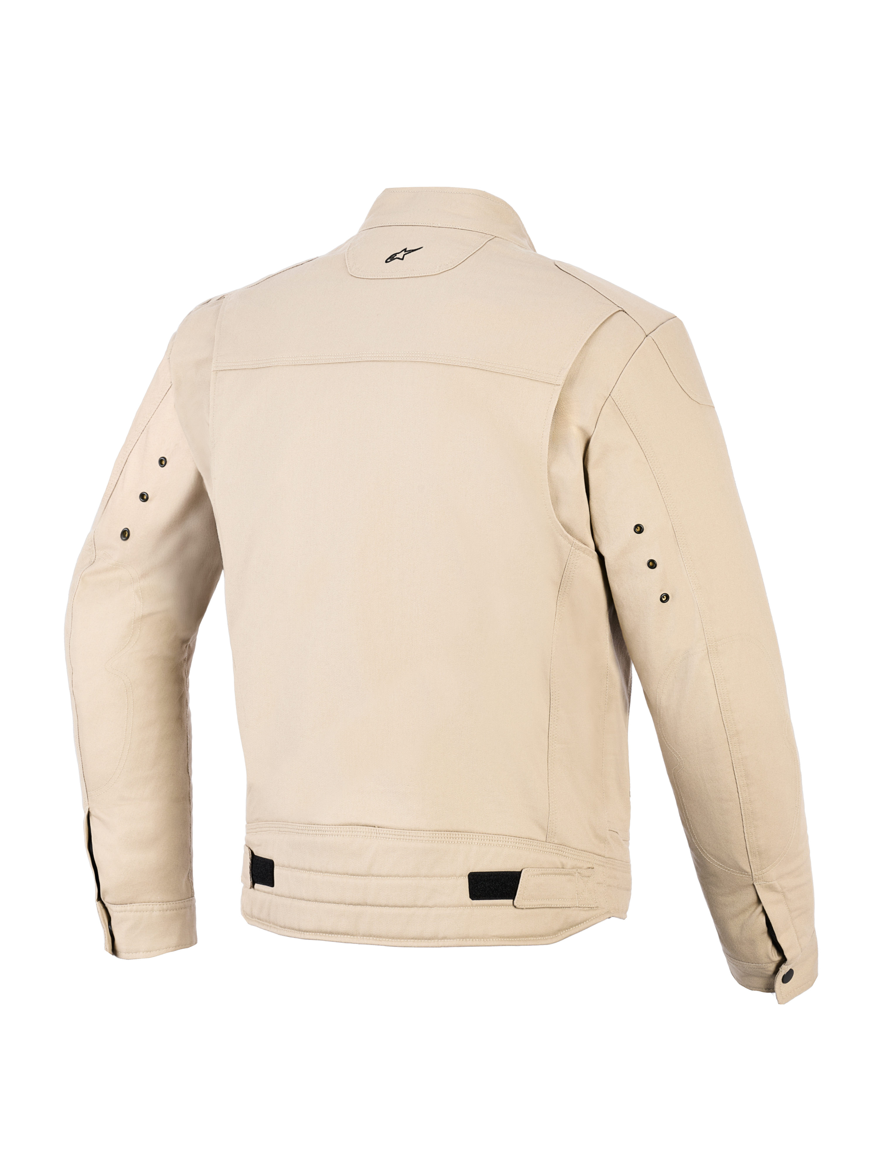 Alpinestars Bruiser Jacket, Urban Motorcycle Jacket, Aluminum tan color, rear view featuring pleated shoulder panels, adjustable waist straps with black tabs, small embroidered logo on the back neck, and metal eyelets on the back of the sleeves.