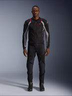 Alpinestars Troop-Air Pro Jacket, Technical Motorcycle Jacket, Black Ash Gray and Bright Red, featuring mesh panels and red accents, worn by male model with black riding pants and boots, sleek urban design with technical ventilation.