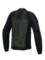 Alpinestars Troop-Air Jacket, technical motorcycle mesh jacket, Black and Yellow Fluo, rear view featuring large 2D tech mesh panels for airflow, yellow Alpinestars logo on the collar, and reinforced textile sleeves.