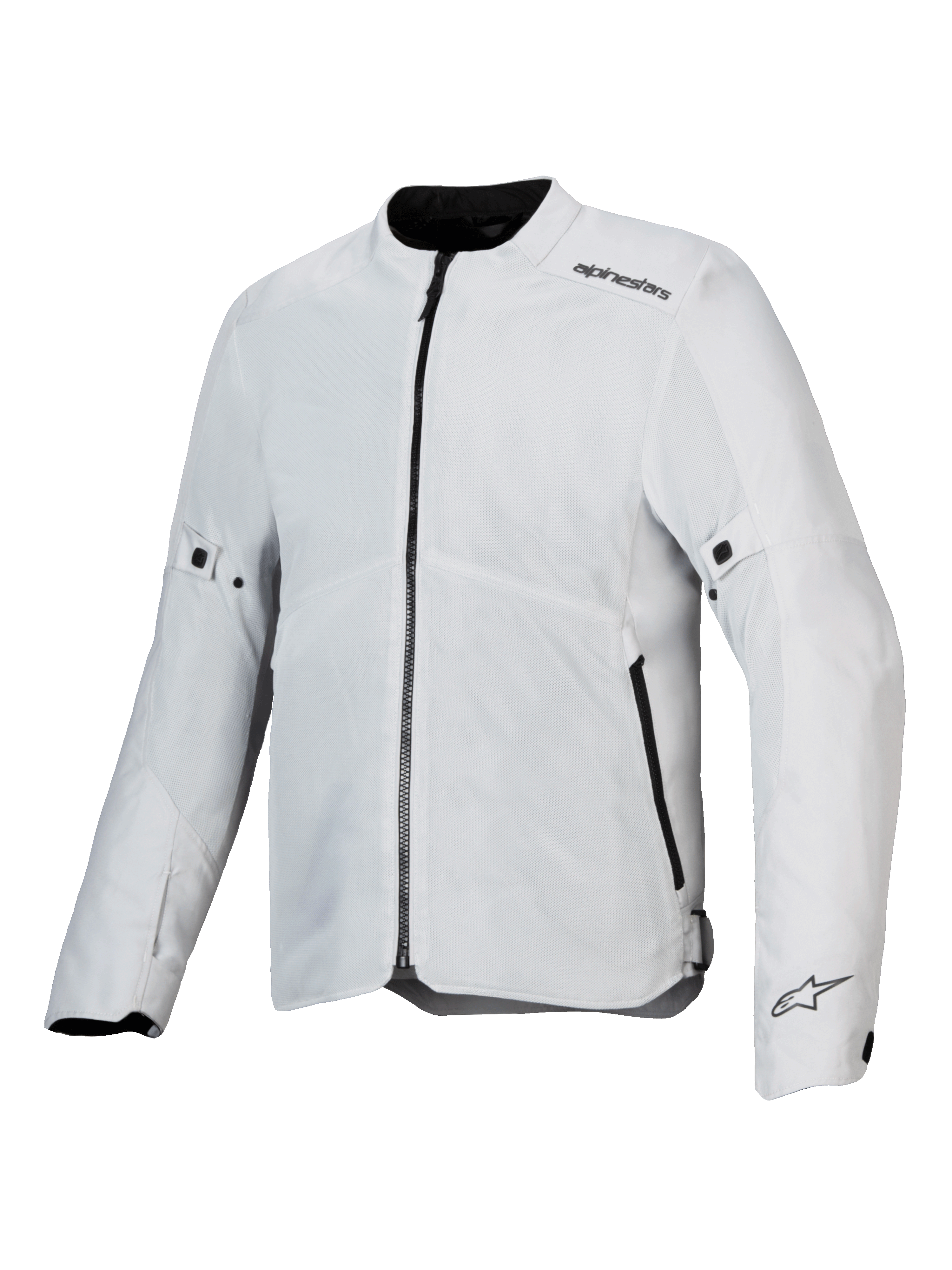 Alpinestars C-1 Air Jacke, Motorradjacke, Silber, leichte Textilkonstruktion mit Tech-Mesh-Einsätzen, Frontansicht mit zentralem schwarzem Reißverschluss und Seitentaschen, Alpinestars-Logos an der Schulter und am Ärmelbündchen, urbaner Pendler-Stil