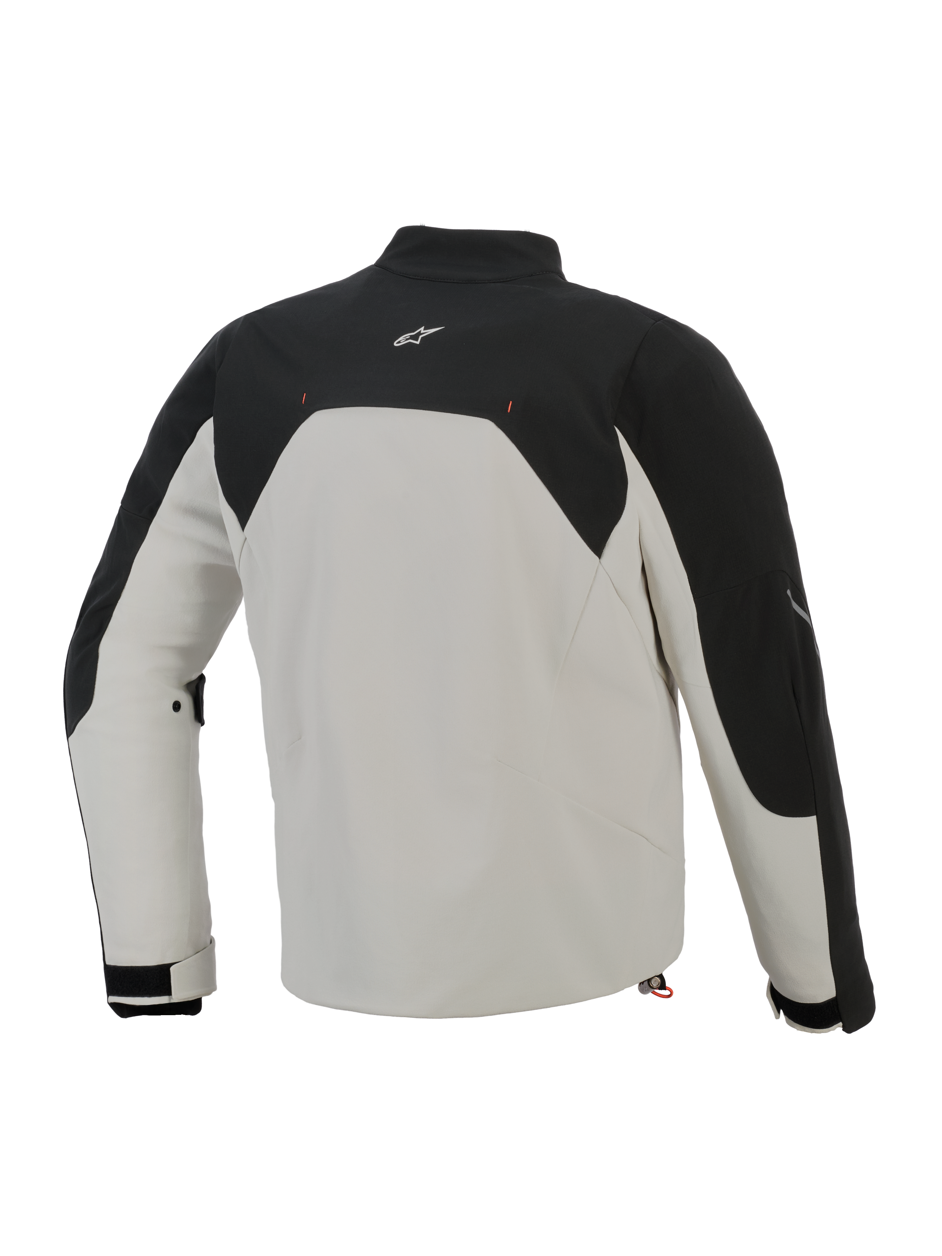 Alpinestars Provoke Jacke, Rückansicht, Black Metal Gray, urbane Textil-Motorradjacke mit schwarzen Einsätzen im oberen Bereich und einem metallgrauen Hauptteil, mit kleinem weißen Logo am oberen Rücken und Ripstop-Softshell-Konstruktion