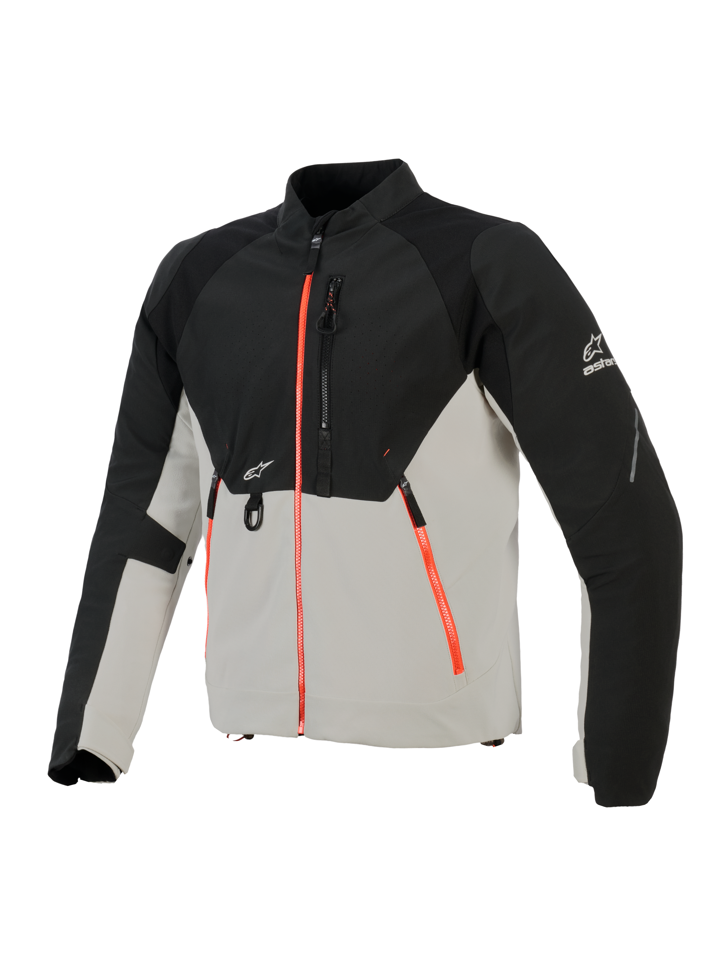 Alpinestars Provoke Jacke, urbane Motorradjacke, Schwarz und Metallgrau mit fluoreszierenden roten Reißverschluss-Akzenten, mit laserperforierten Brustpaneelen, Ripstop-Softshell-Verstärkungen und D-Ring-Befestigung vorne, straßentaugliches Design für Fahrten bei warmem Wetter