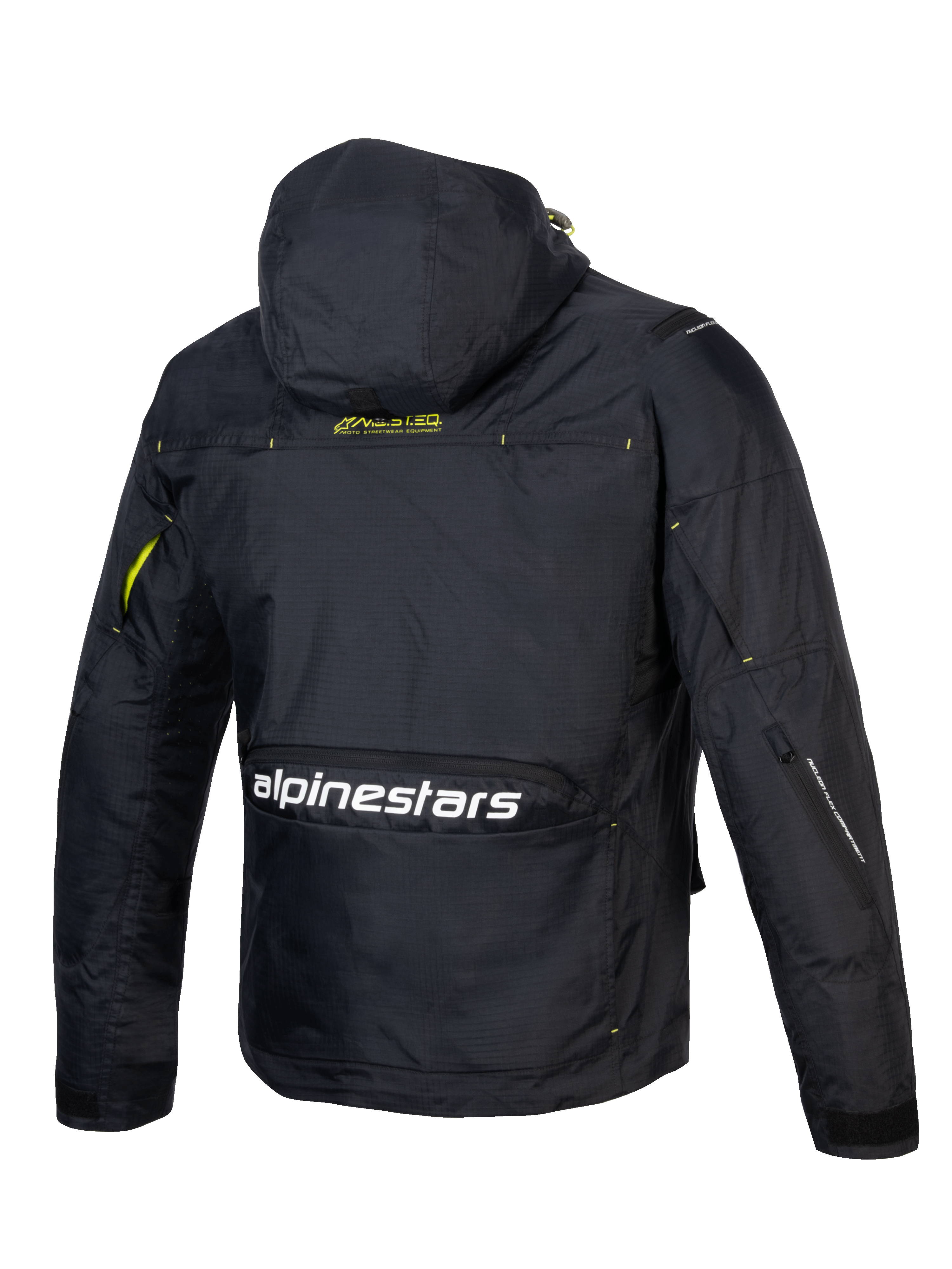 Alpinestars Mogress Air Jacket, Urban Motorcycle Jacket, Black and Lime Green, Ventilated Ripstop Textile, Hood and Back Logo.