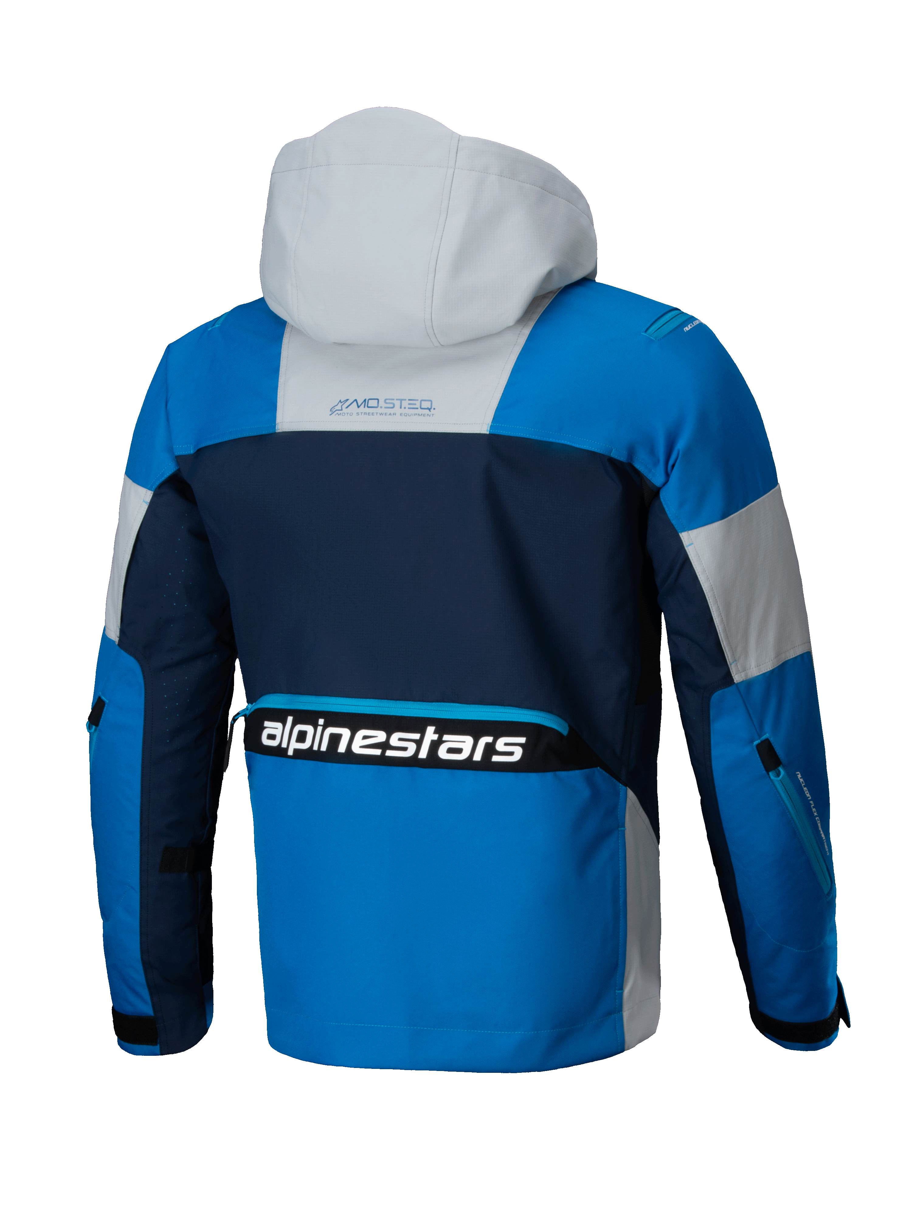 Alpinestars Mogress Air Jacke, Urban Motorradjacke für Herren, Rückansicht in Blau, Navy und Almond, belüftetes Textil mit Kapuze, Alpinestars-Branding auf dem unteren Rücken, CE-zertifiziert