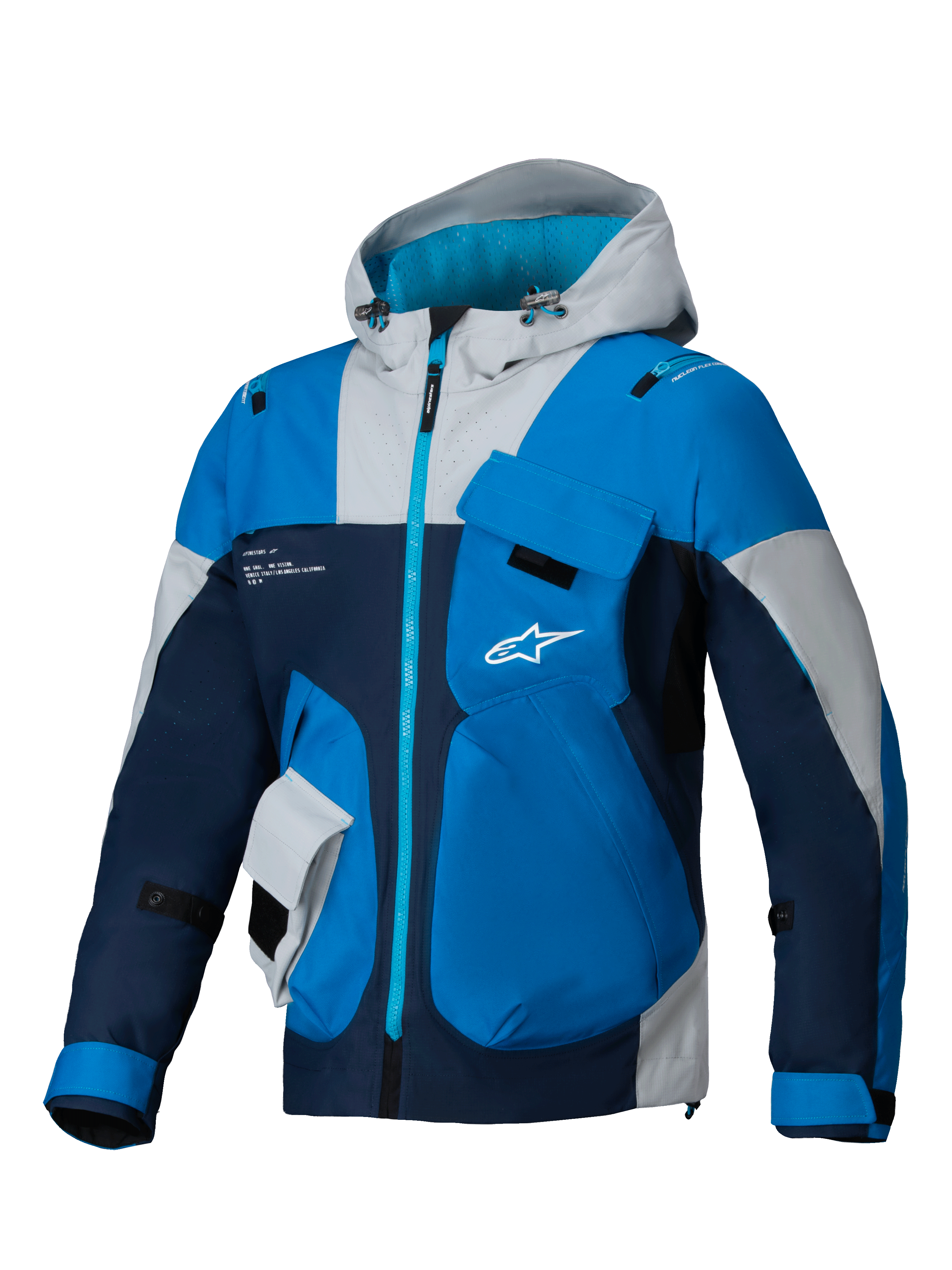Alpinestars Mogress Air Jacke, Urban-Motorradjacke für Herren, Blau und Dunkelblau, belüftetes Ripstop-Gewebe mit Kapuze und Nucleon Flex Plus Protektoren.