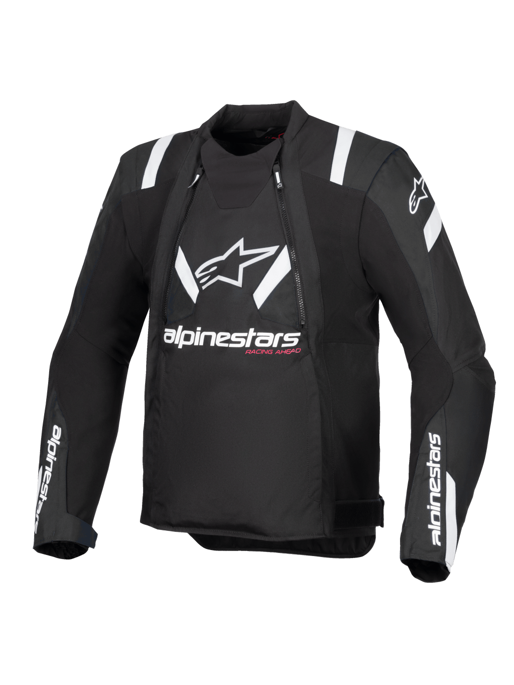 Alpinestars T-Stunt Air Jacke, Schwarz und Weiß, Vorderansicht einer sportlich geschnittenen Motorradjacke, mit großem weißem Alpinestars-Logo und Schriftzug auf der Brust, weißen Akzenten an den Schultern und Mesh-Einsätzen für modulare Belüftung