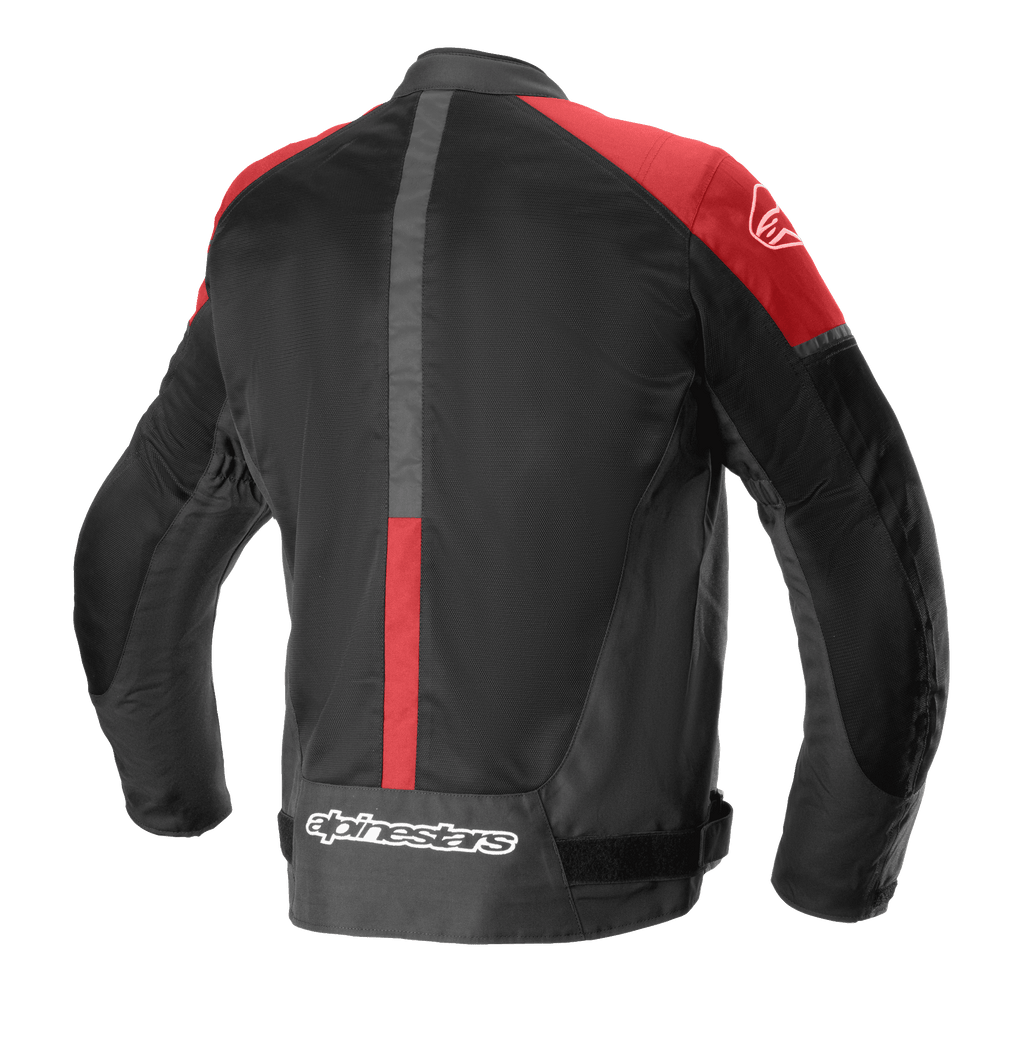 Alpinestars T-SP X Superair Jacke, Textil-Motorradjacke, Schwarz und leuchtendes Rot, Rückansicht mit großen Mesh-Einsätzen für Luftzirkulation, roten Akzenten an den Schultern und Markenlogo am unteren Rücken.