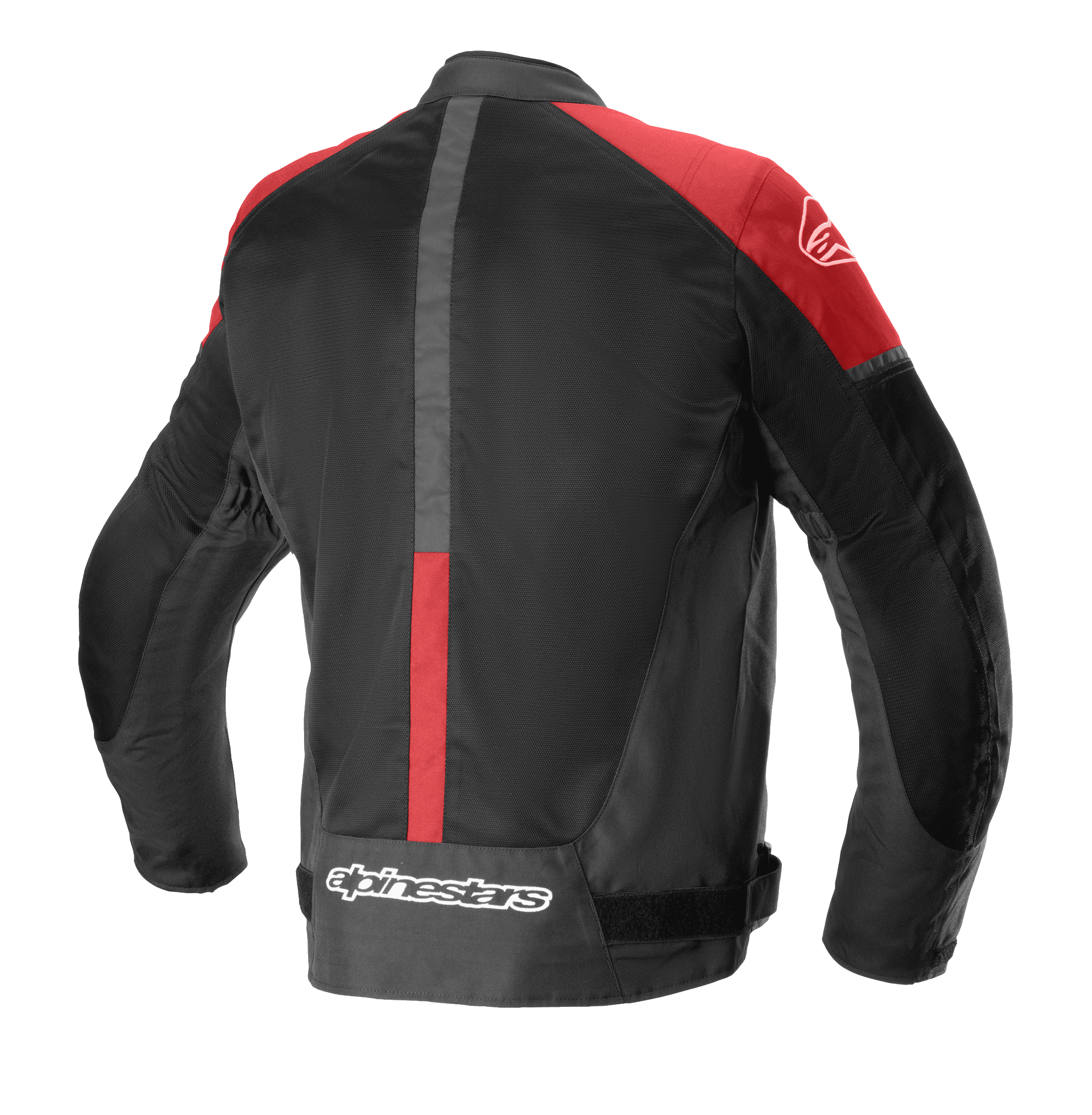 Alpinestars T-SP X Superair Jacke, Textil-Motorradjacke, Schwarz und leuchtendes Rot, Rückansicht mit großen Mesh-Einsätzen für Luftzirkulation, roten Akzenten an den Schultern und Markenlogo am unteren Rücken.